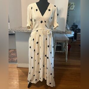 Anthropologie Maeve Cream Polka Dot Faux Wrap High/Low Dress Women’s Size 14